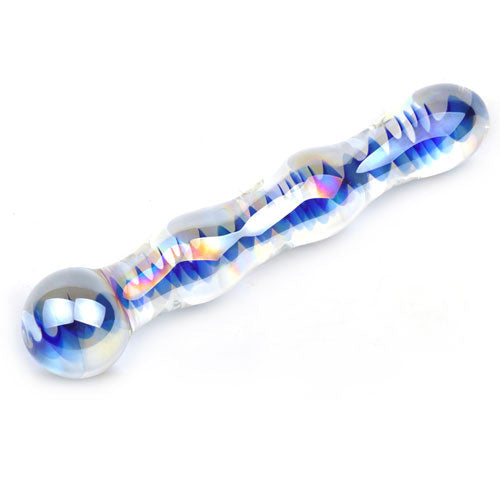 Glass Dildo Blue Wave Pattern Design Wand Massager Hot Cold Love Sex Toy