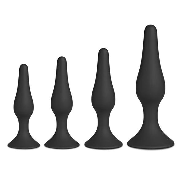 4 Black Silicone Butt Plug Set Four Size Anal Training Beginners Starter Kit