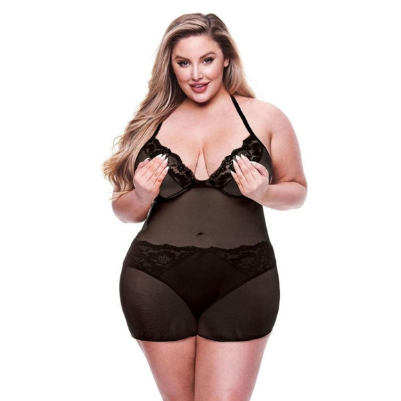 Baci 2pc Eco Chemise and Panty Set Queen Plus Size Sexy Black Lingerie Womens Sexy Underwear