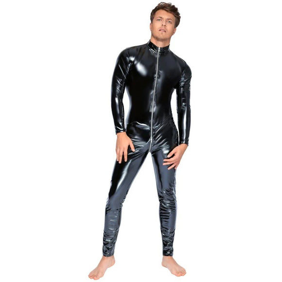 Black Level Mens Vinyl Jumpsuit Sexy Overall Kinky Zipper Catsuit