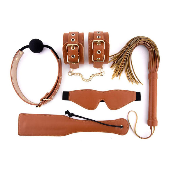 Blaze BDSM Set Brown Leather Bondage Gear Accessory Starter Toy Kit