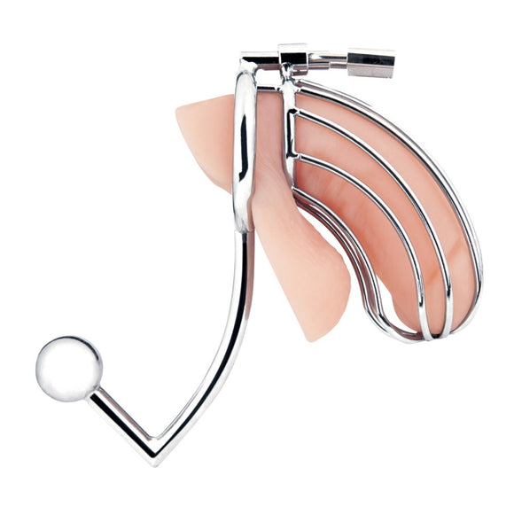 Blue Line Metal Cock Cage with Anal Stimulator Plug Penis Erection Lock Male Chastity Fetish Play