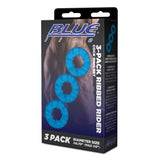 Blue Line 3-Pack Ribbed Rider Cock Ring Set Penis Erection Testicle Bands