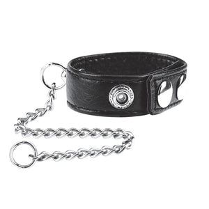 Blue Line Snap Closure Leather Cock Ring with Chain Leash BDSM Play