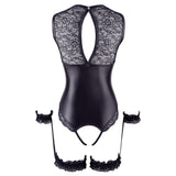 Cottelli Bondage Open Cup Crotchless Body with Lace Garter Wrist Cuffs Sexy Womens Lingerie Underwear