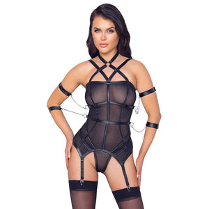 Cottelli Bondage Suspender Black Sheer Basque & Thong Set Arm Restraint Womens Sexy Underwear