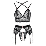 Cottelli Collection Abierta Fina Black Lace Open Bra Suspender Belt Crotchless String Lingerie Set Sexy Womens Underwear
