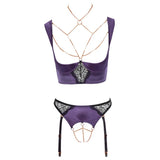 Cottelli Collection Abierta Fina Purple Shelf Bra & Crotchless Suspender Briefs Set Choker Chain Lingerie Sexy Womens Underwear