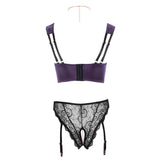 Cottelli Collection Abierta Fina Purple Shelf Bra & Crotchless Suspender Briefs Set Choker Chain Lingerie Sexy Womens Underwear