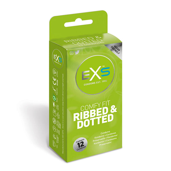 EXS Comfy Fit Ribbed & Dotted Latex Condoms 12 Pack Lubricated Vegan Safe Sex Rubbers