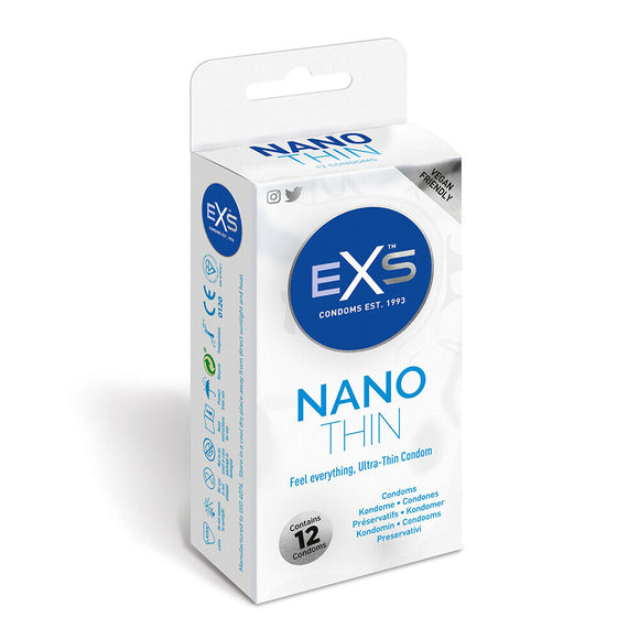 EXS Nano Thin Strong Latex Condoms 12 Pack Lubricated Vegan Safe Sex Rubbers