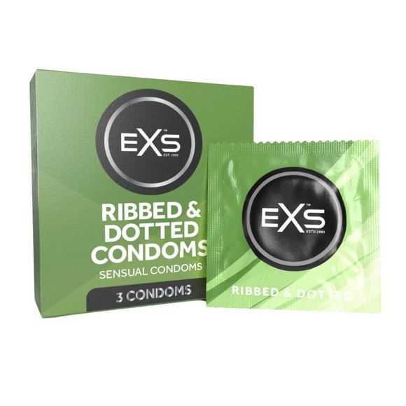 EXS Ribbed & Dotted Condoms 3 Pack Pleasure Sensation Safe Sex Vegan