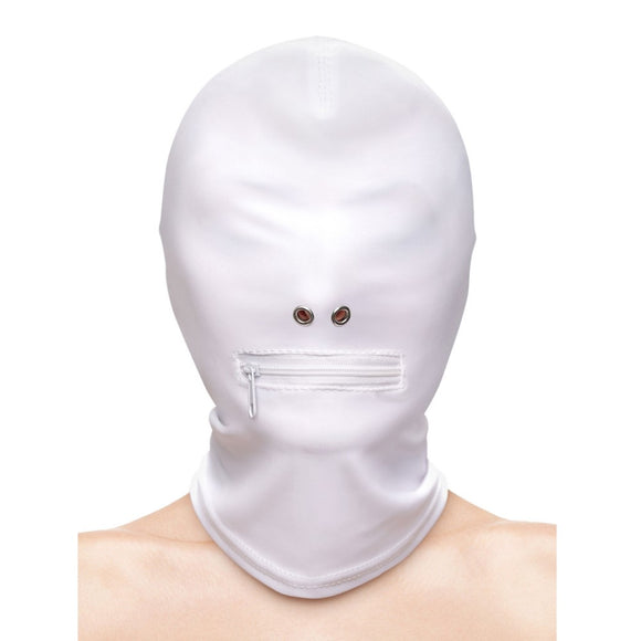 Fetish & Fashion Zippered Mouth Bondage Hood White Sensory Play Blindfold Mask