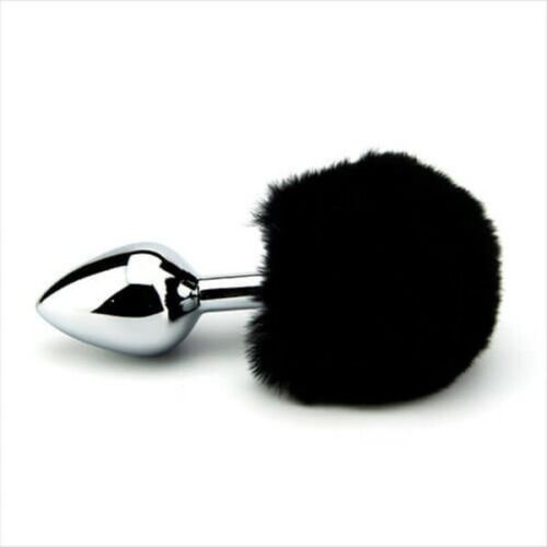 Furry Fantasy Black Faux Fur Bunny Rabbit Tail Metal Butt Plug Cute Role Play Anal Sex Toy