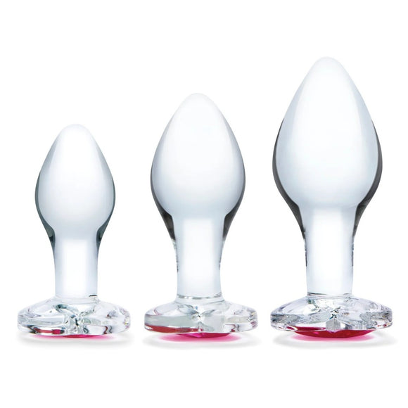 Gläs 3pc Heart Jewel Anal Training Kit 3 Size Glass Gem Butt Plug Set