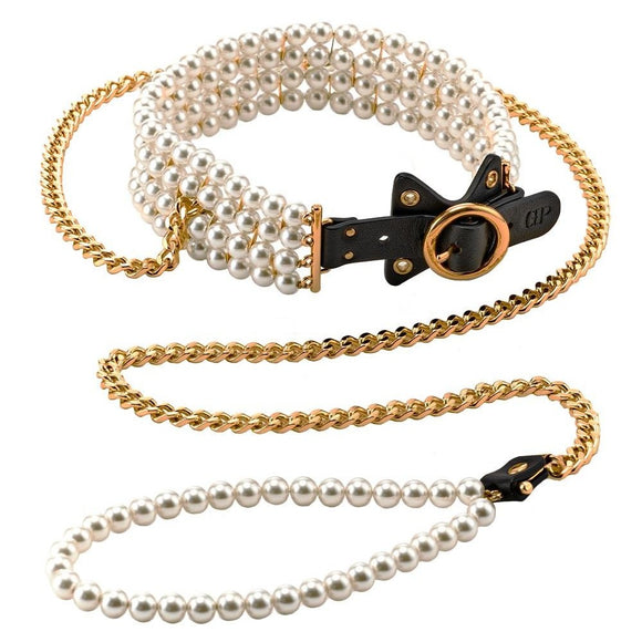 Guilty Pleasure Allure Luminious Pearl Leash & Collar Faux Leather Bow Tie Gold Chain BDSM Play