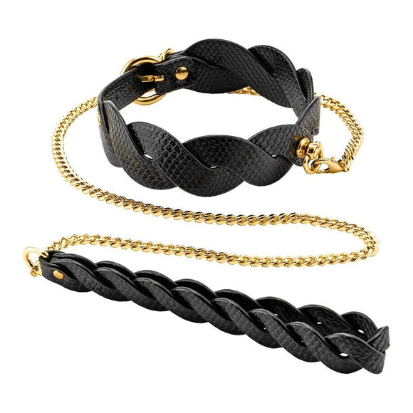 Guilty Pleasure Eclipse Lunar Braided Leash and Collar Gold Chain Faux Leather BDSM Play