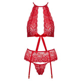 Kissable Red Lace Halterneck Bra Suspender Belt & Thong Set Lingerie Womens Sexy Underwear