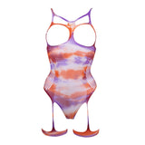 Le Désir Bliss Open Cup Tie Dye Strappy Fishnet Teddy Body Stocking Womens Sexy Lingerie Festival Club Wear