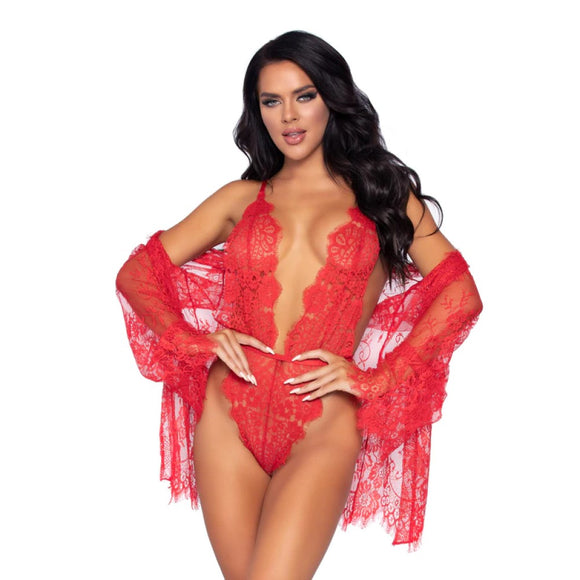 Leg Avenue Love Affair Lace Robe Teddy Set Red Sexy Kimono Womens Lingerie Night Wear