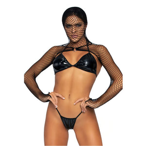 Leg Avenue Slave 4 U Vinyl Fishnet Hooded Bra Set Sexy Womens Fetish Lingerie