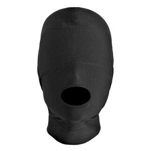 Master Series Disguise Open Mouth Bondage Hood with Padded Blindfold BDSM Sensory Play Mask