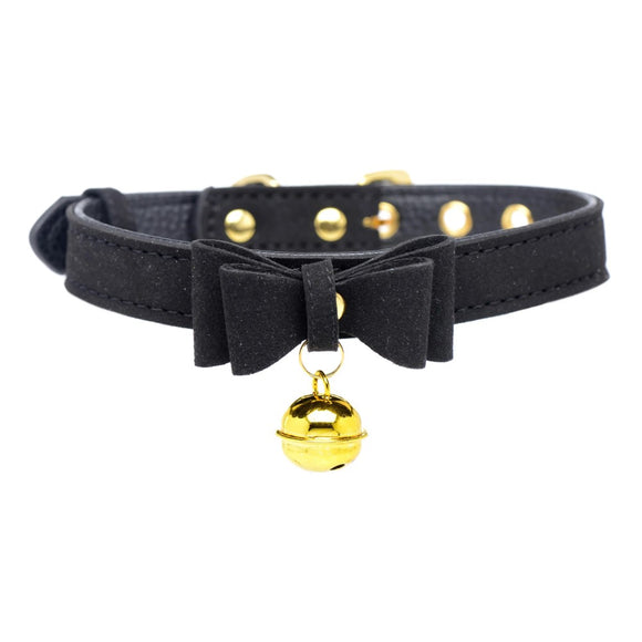 Master Series Golden Kitty Cat Bell Collar Black Bow Tie Kinky Fetish Play