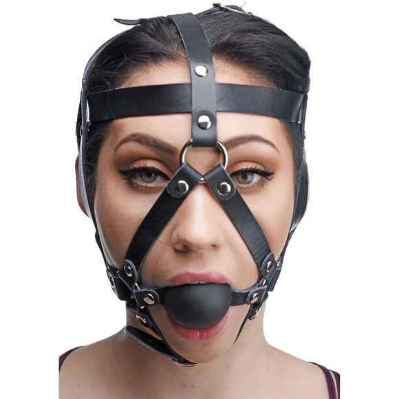 Master Series Hostage Leather Head Harness with Silicone Ball Gag Bondage Fetish Play