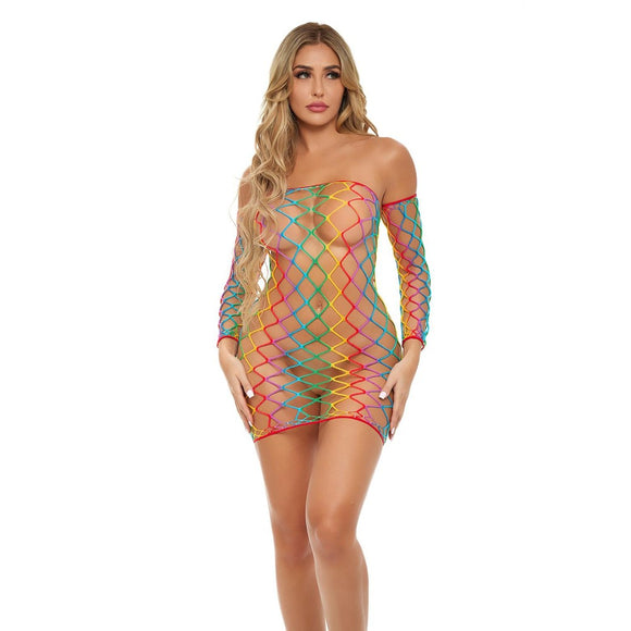 Pink Lipstick Lingerie Taste The Rainbow Net Dress & Sleeves One Size