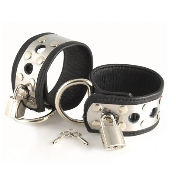 Rimba Bondage Play Metal Plated Leather Wrist Hand Cuffs Padlocks Restraints BDSM