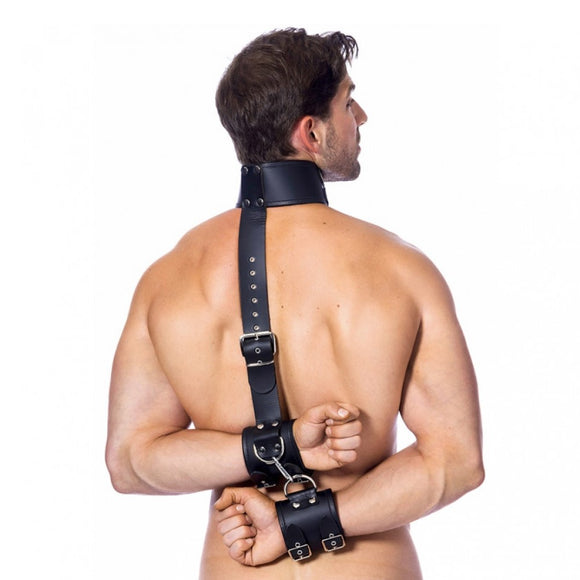 Rimba Black Leather Wrist Cuff & Neck Collar Restraints Bondage Play Set
