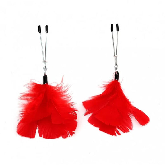 Rimba Red Feather Nipple Clamps Tassels BDSM Bondage Gear Fetish Wear
