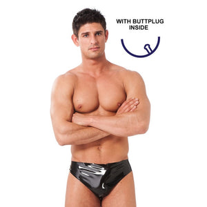 Rimba Rubber Secrets Mens Black Latex Brief with Anal Plug Male Fetish Wear