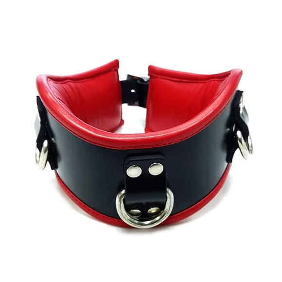 Rouge Garments Red Black Leather Trim Padded D-Ring Posture Collar Bondage Gear BDSM Wear