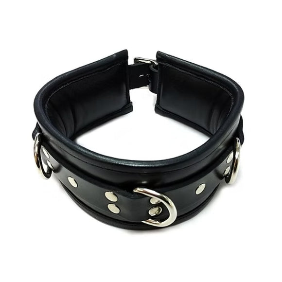 Rouge Garments Black Leather Padded D-Ring Collar Bondage Gear BDSM Fetish Wear