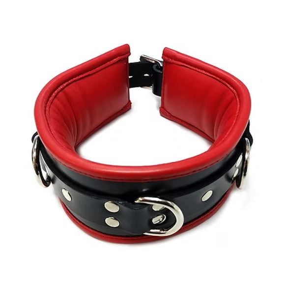 Rouge Garments Red Black Leather Trim Padded D-Ring Collar Bondage Gear BDSM Fetish Wear