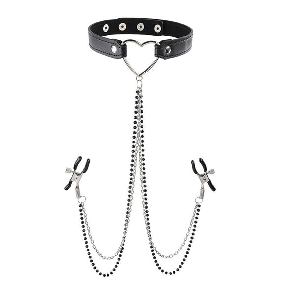 Sex & Mischief Amor Heart Choker Collar with Nipple Clamps Chain Bondage Play