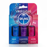 Skins Vital Lubes 3 x 12ml Water Silicone Based Tingling Lubricant Sampler Pack