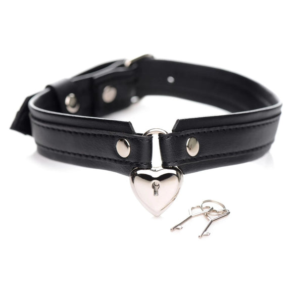 Strict Locking Silver Heart Collar Leather Choker Padlock Key Necklace