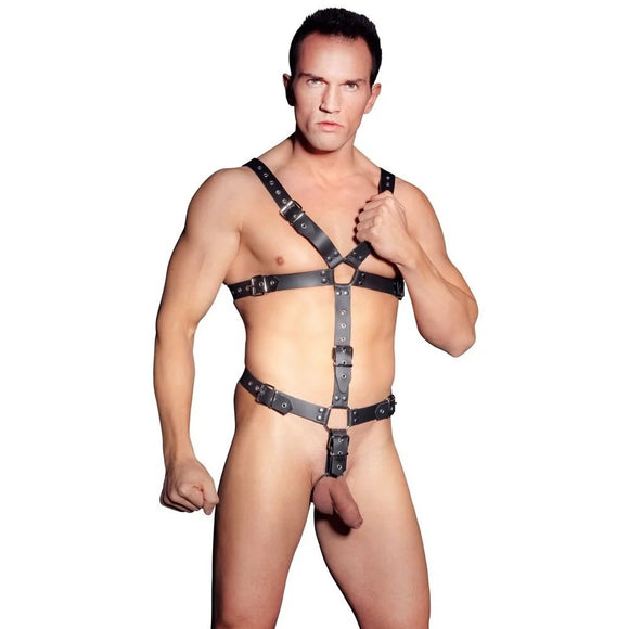 Zado Fetish Mens Leather Adjustable Body Harness with Cock Ring BDSM Play Bondage Wear
