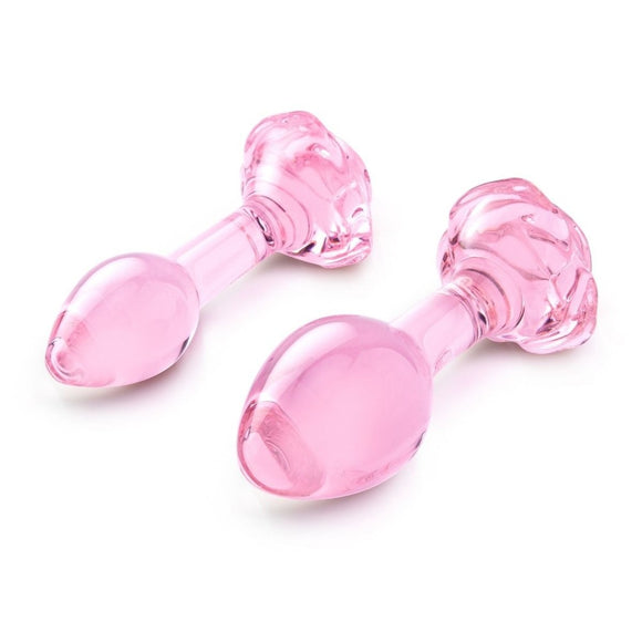 b-Vibe Pink Roses 2-Piece Glass Butt Plug Anal Play Training Set Duo Sex Toy