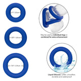 Calexotics Admiral Universal Blue Cock Ring Set 3 Size Reusable Penis Band Erection Aid