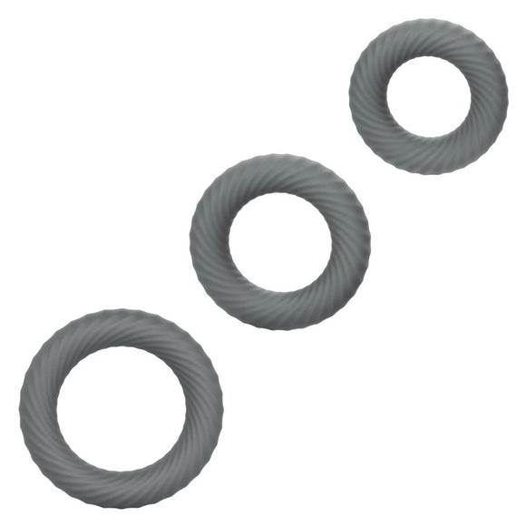 CalExotics Link Up Ultimate Cock Ring Set Ultra Soft Spiral Grey Silicone 3 Size Penis Bands Erection Aid