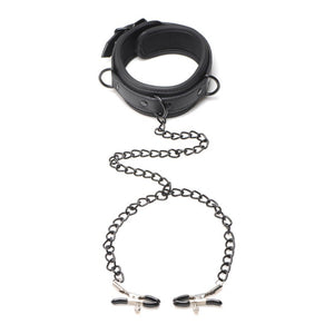 Master Series Collared Temptress Black Collar Adjustable Nipple Pinch Clamps Chain Fetish Play