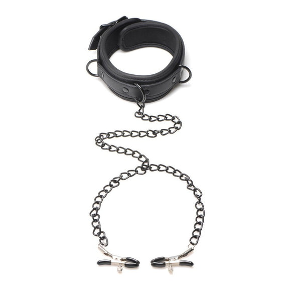 Master Series Collared Temptress Black Collar Adjustable Nipple Pinch Clamps Chain Fetish Play