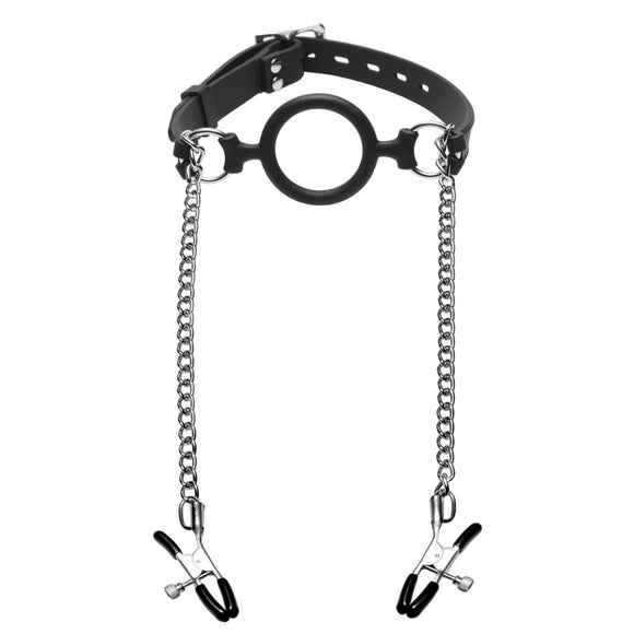 Master Series Mutiny Silicone O-Ring Mouth Gag with Adjustable Nipple Clamps Connector Chain BDSM Fetish Play