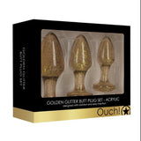 Ouch! Golden Glitter Acrylic Butt Plug Set 3 Size Anal Training Kit Sexy Sparkle