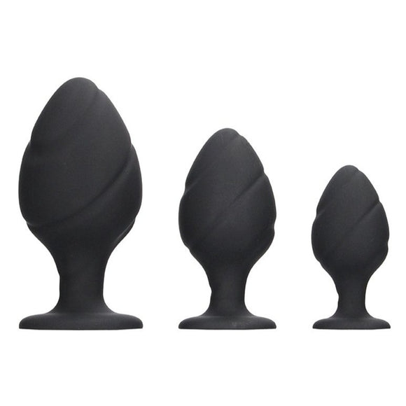 Ouch! Swirled Butt Plug Set Black Silicone 3 Size Anal Training Safe Beginners Kit