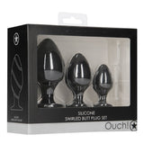 Ouch! Swirled Butt Plug Set Black Silicone 3 Size Anal Training Safe Beginners Kit
