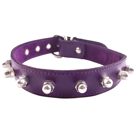 Rouge Purple Leather Metal Nut Stud Collar Cute Submissive Bondage Goth Slave BDSM